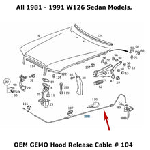 Load image into Gallery viewer, Hood Release Pull Cable 81-91 Mercedes W126 Sedans 300 350 420 500 560 OEM GEMO