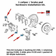 Load image into Gallery viewer, 1996-09 Mercedes Front Brake Caliper Pad Clip Guide Bushing Pin Installation Kit
