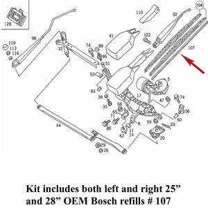 1992-99 Mercedes W140 S Class 25" & 28" Wiper Blade Rubber Refill Set OEM Bosch