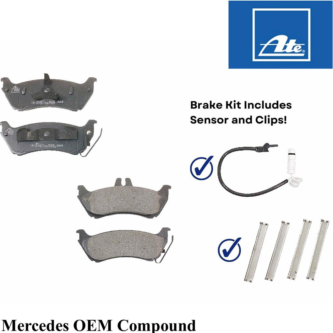 Rear Brake Pad Set with Clips & Sensor 99-05 Mercedes ML Class Ate OEM Compound