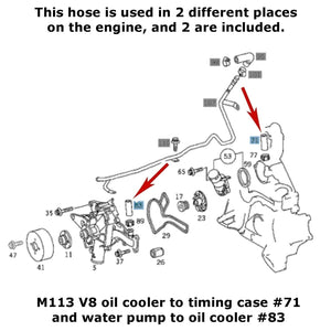 2 X OE MB Oil Cooler to Water Pump or Timing Case Hoses 1998-06 Mercedes V6 V8