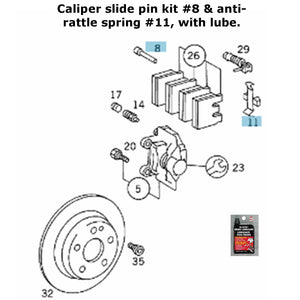 Rear Brake Caliper Slide Pin & Anti Rattle Spring Kit with Lube 1990-98 Mercedes