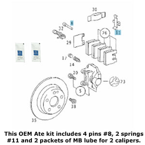 2 Rear Brake Caliper Pad Slide Pin Spring Kits with Lube 84-96 Mercedes 201 202