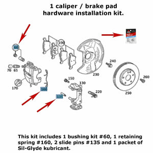 1996-09 Mercedes Front Brake Caliper Pad Clip Guide Bushing Pin Installation Kit