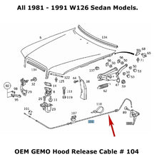 Load image into Gallery viewer, Hood Release Pull Cable 81-91 Mercedes W126 Sedans 300 350 420 500 560 OEM GEMO
